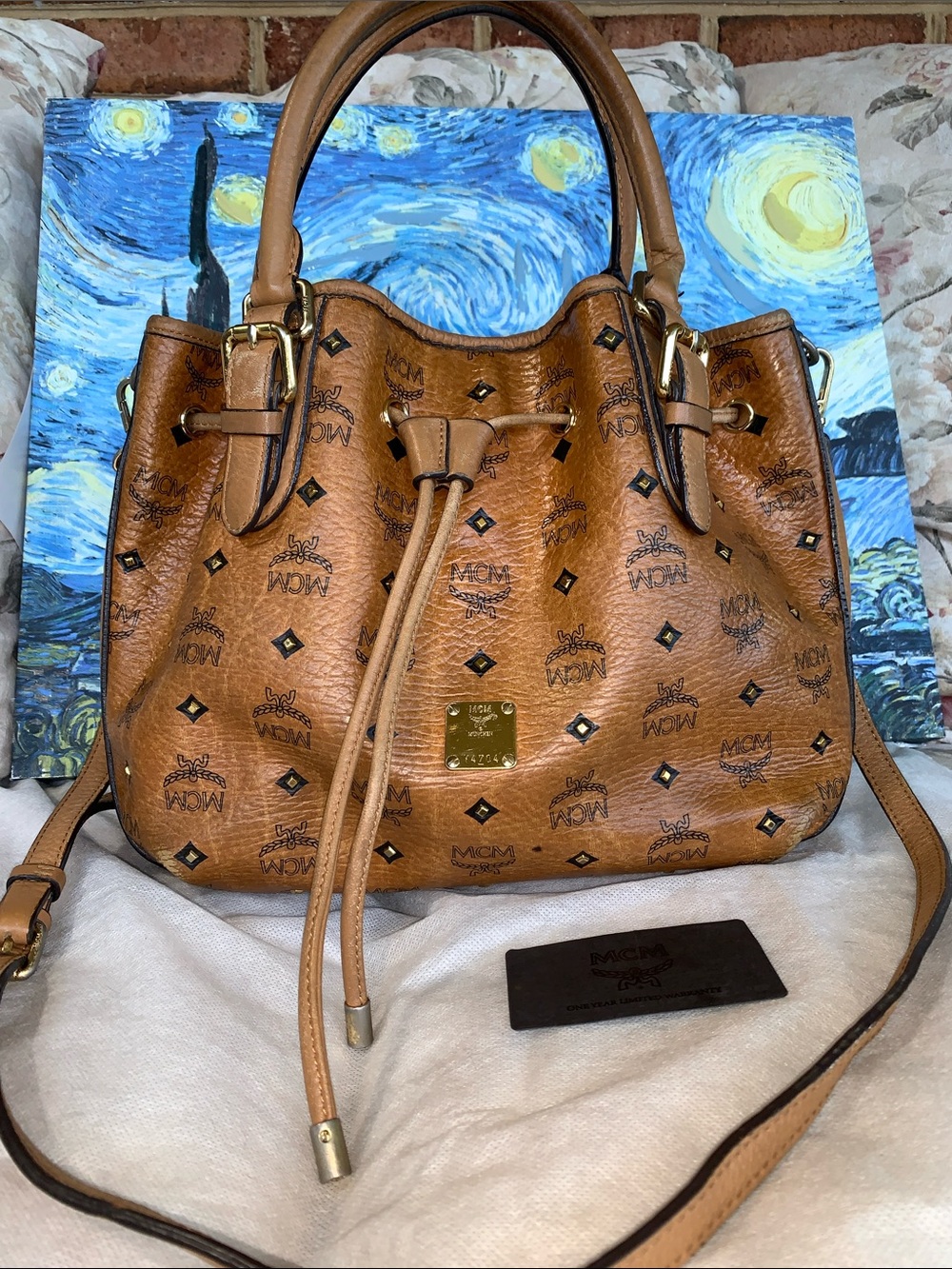 MCM Cognac Visetos Drawstring Bucket Crossbody bag with Authenticity card - Picture 2 of 13